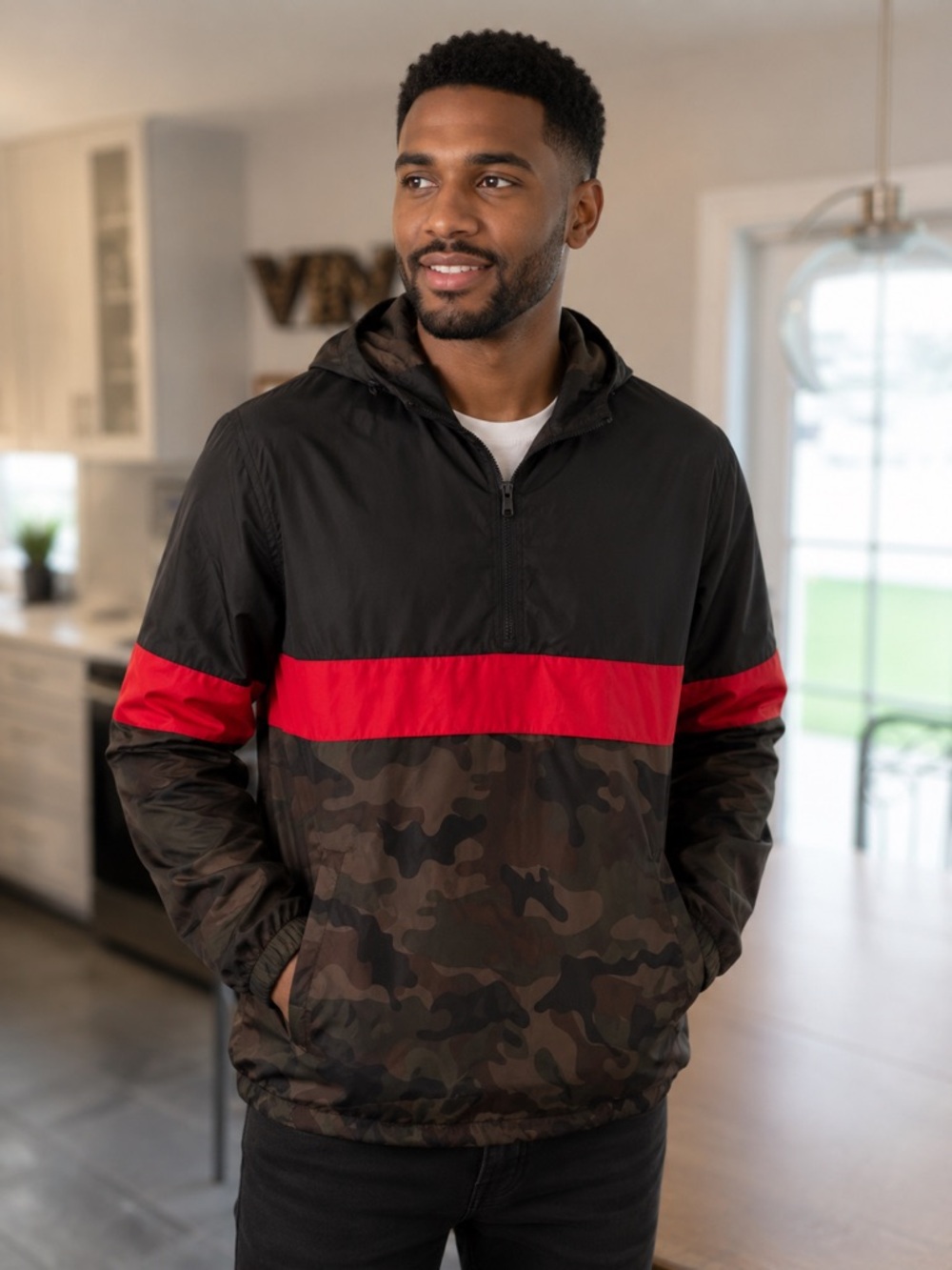 Men's Black & Red Camo Hooded Pullover Windbreaker